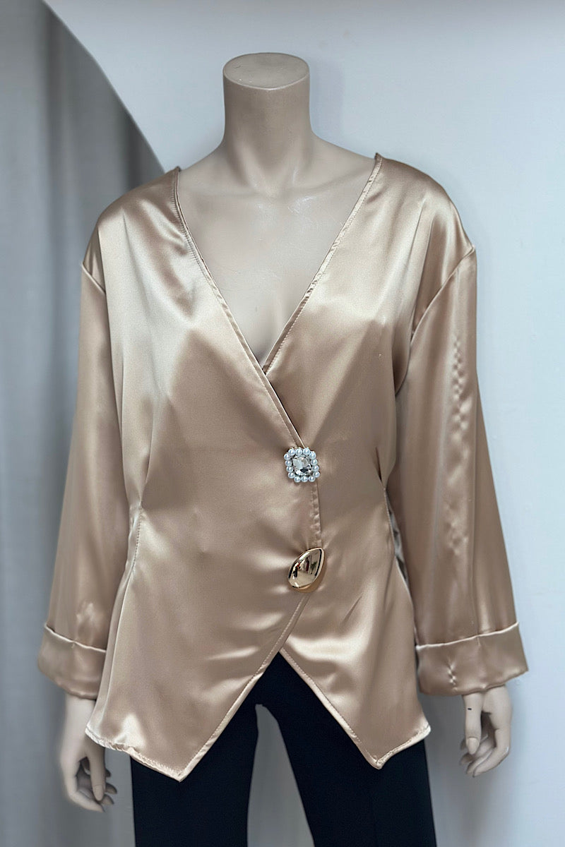Satin V Neck Gold Detail Shirt
