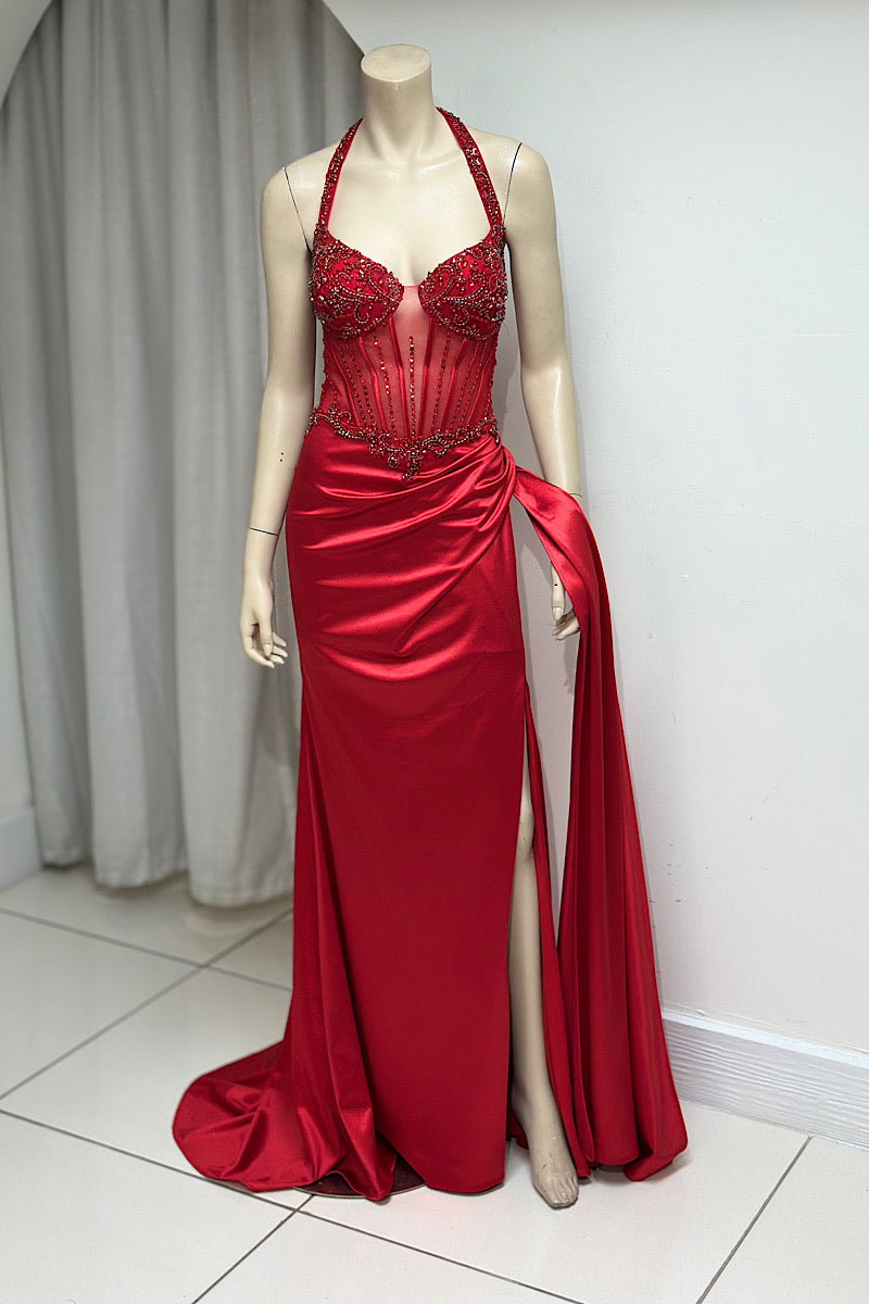 Halter High Split Beaded Corset Formal