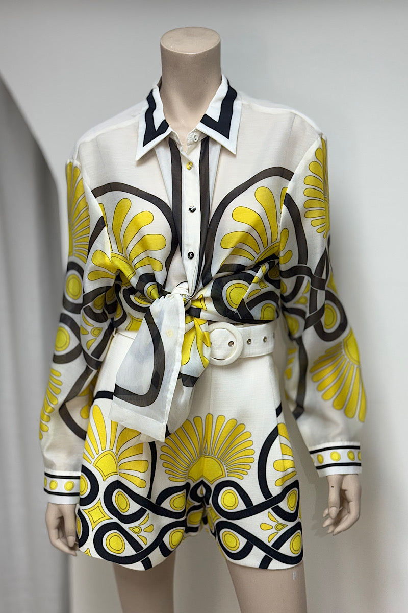 Sheer Top Printed Linen Short Pant Set