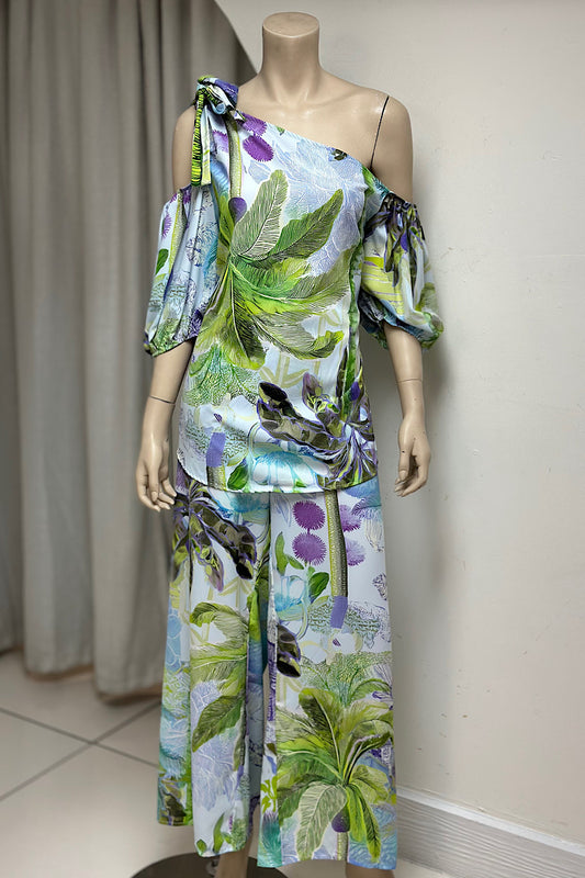 One-Shoulder Tropical Flowy Set
