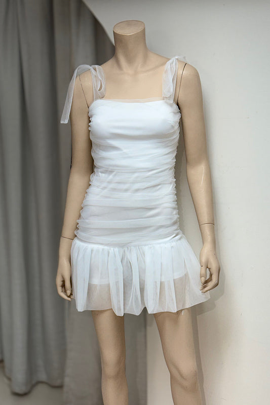 Mini Mesh Tie Shoulder Ruched Dress