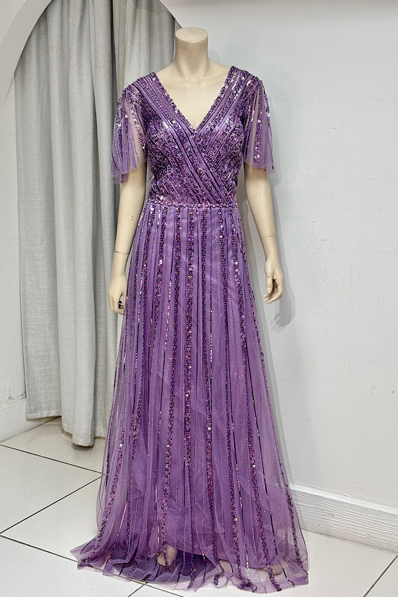 Beaded V-Neck Petal Sleeve Formal