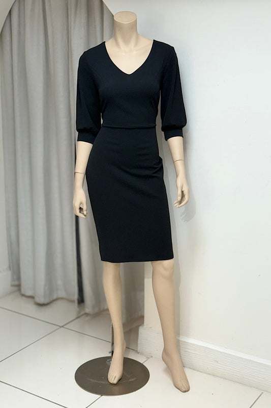 Fitted V-Neck Split Puff Sleeve Dress
