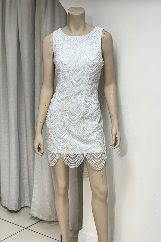 Beaded Scallop Bottom Embroidered Mini Dress