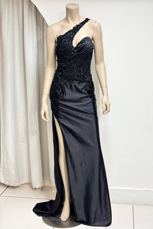 One-Shoulder Floral Applique Satin Formal