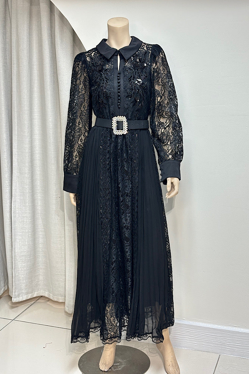 Collared Lace Embellished Tea-Length Dress