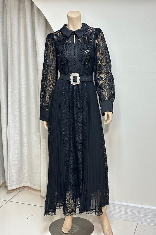 Collared Lace Embellished Tea-Length Dress
