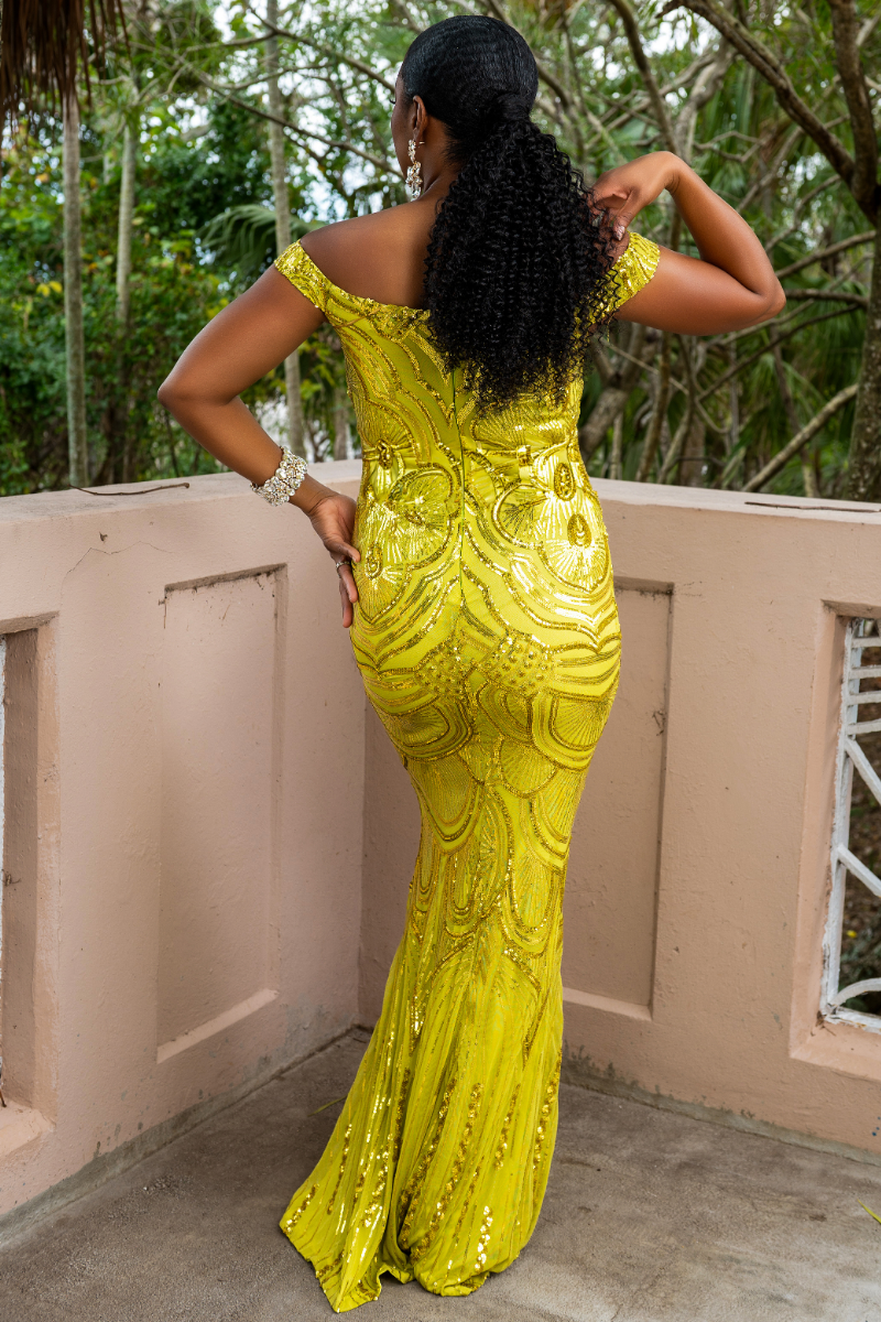 Off-Shoulder Fitted Sequin Formal