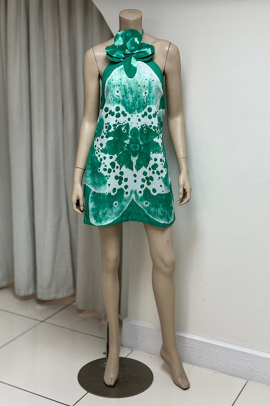 Flower Detail Tie-Dye Mini Halter Dress