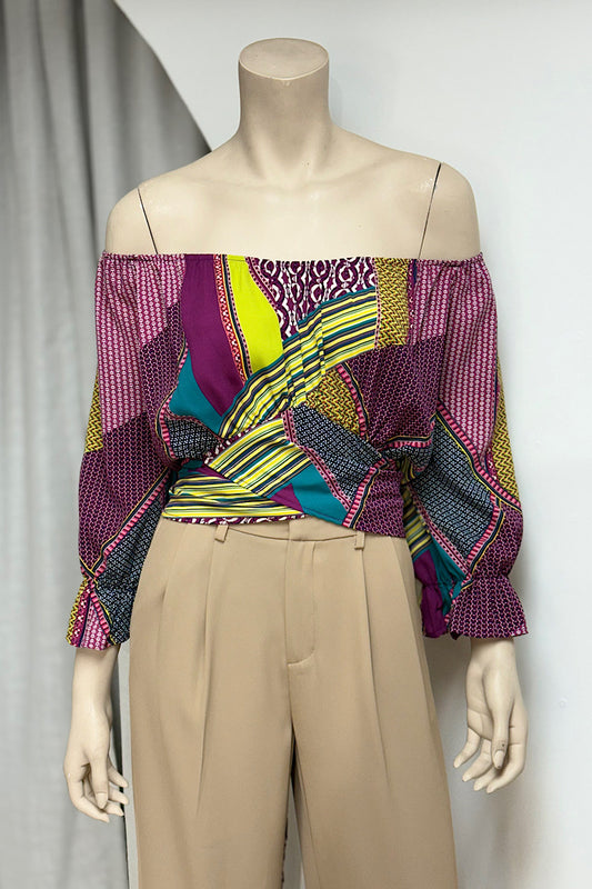 Off-Shoulder Tie-Waist Printed Top