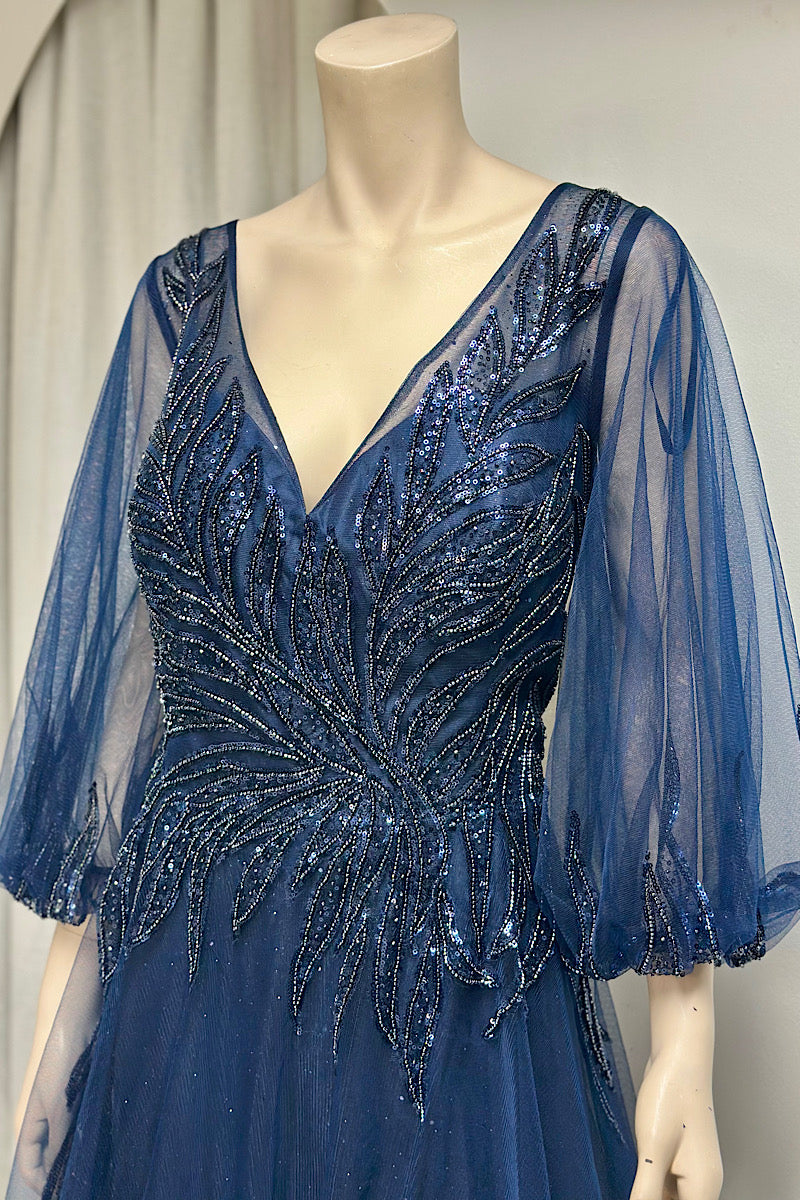 Beaded Long Sleeve Shimmer Formal Dress