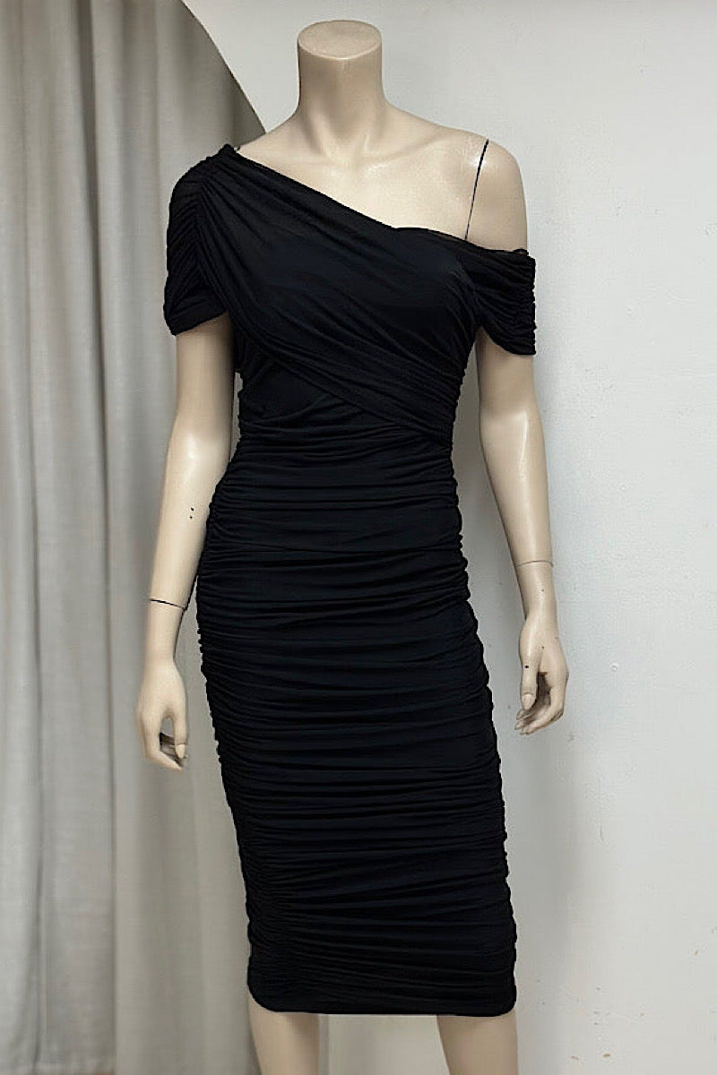Off One-Shoulder Ruched Sash Dress