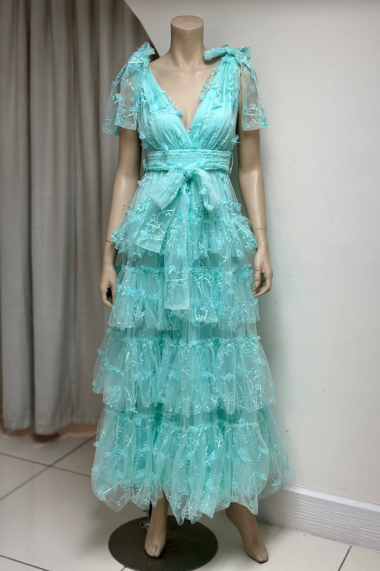 Flower Applique Lace Detail Flowy Dress