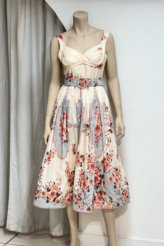 Corset Floral Belted Midi Dress