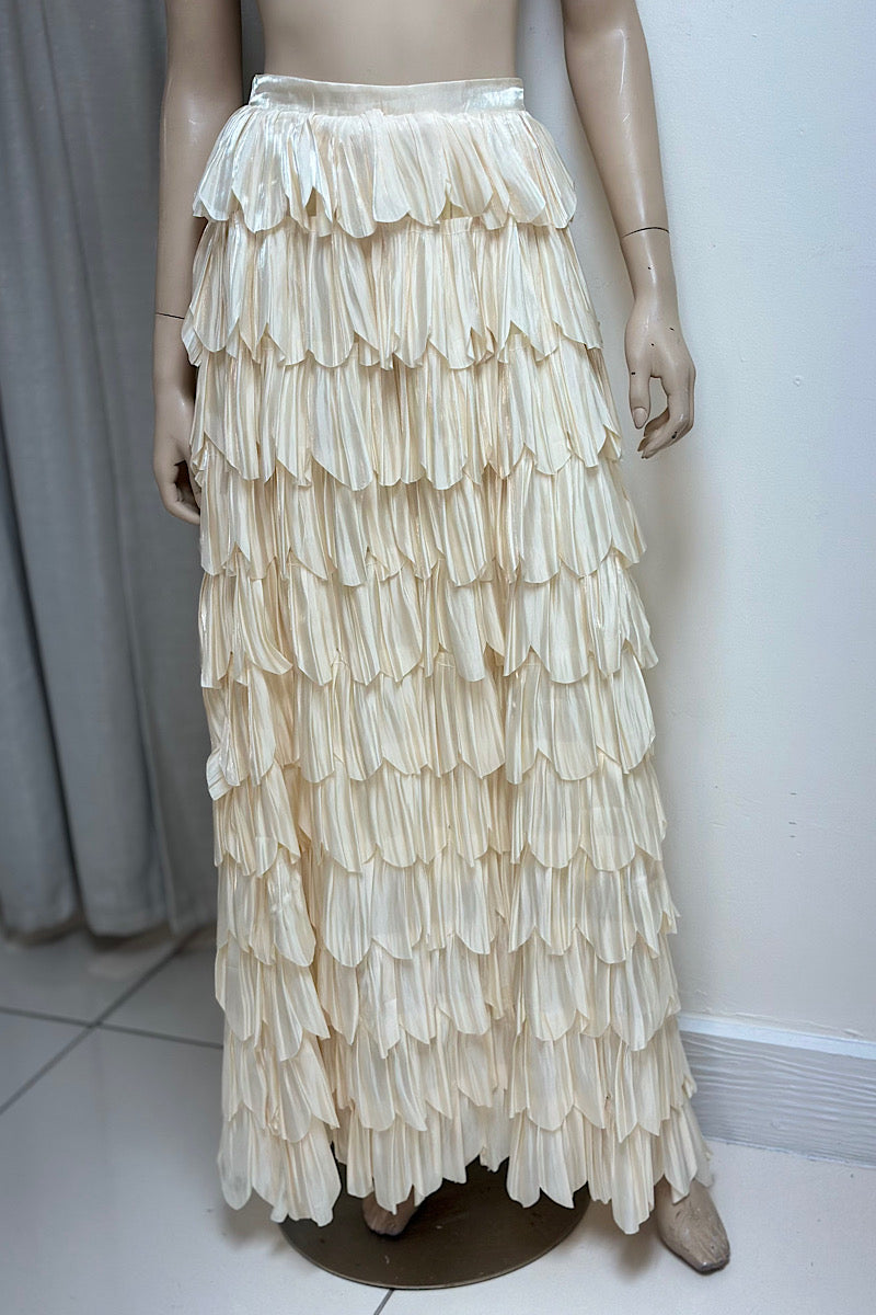 Tiered Ruffled Satin Maxi Skirt