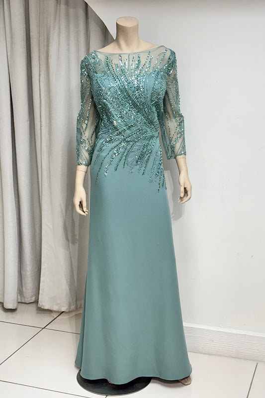 Beaded Sheer Sleeve Flowy Formal