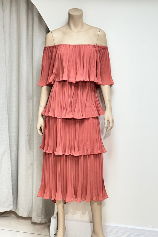 Pleated Tiered Flowy Midi Dress