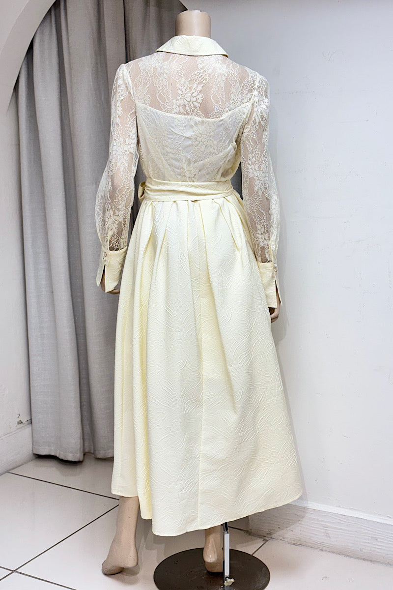 Lace Beaded Pearl Embellished Belted Midi Dress