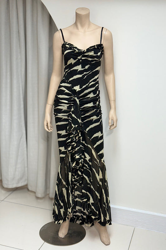 Ruched Shimmer Asymmetrical Ruffle Maxi