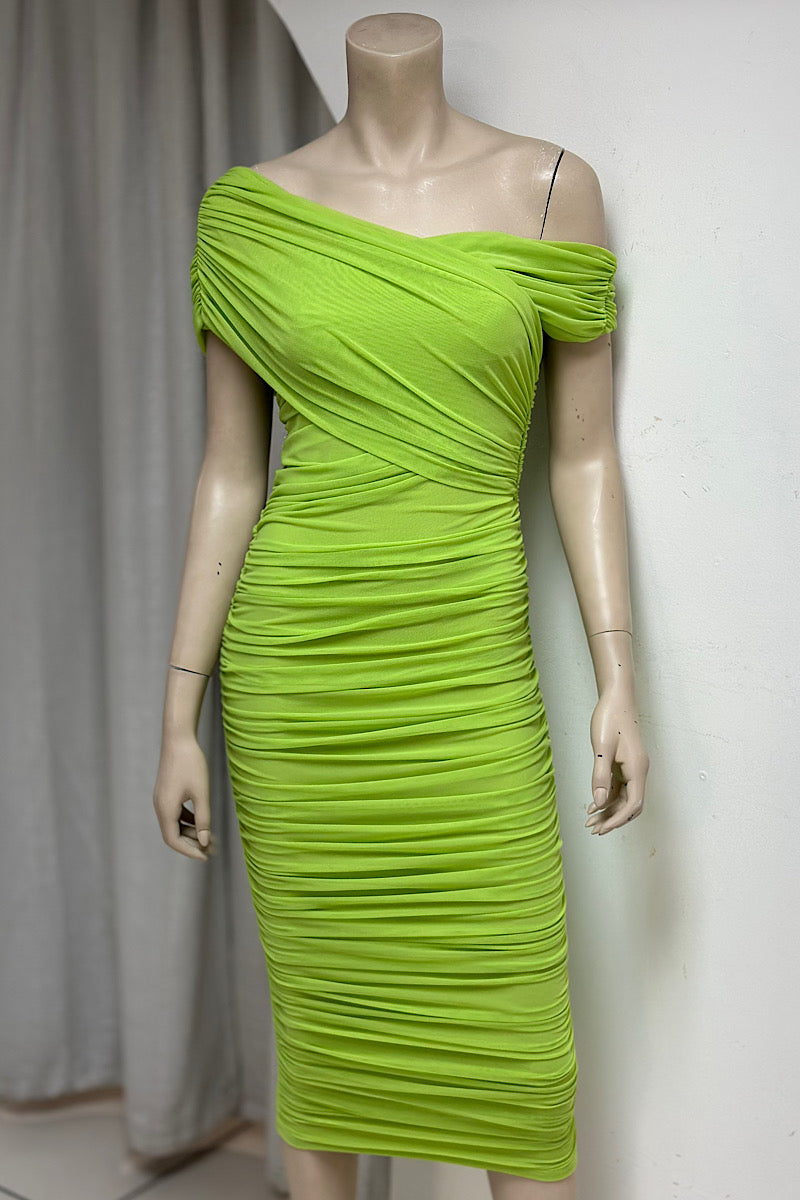 Off One-Shoulder Ruched Sash Dress