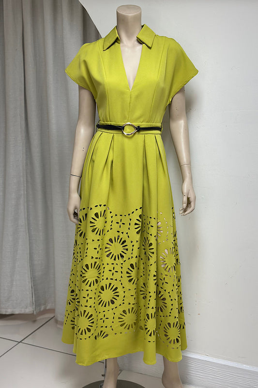 Collared V-Neck Cut Detail Midi Dress