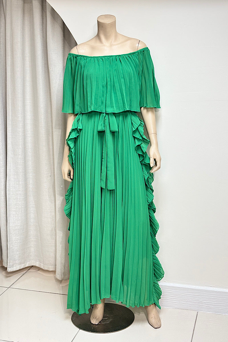 Pleated Off-Shoulder Flowy Midi Dress