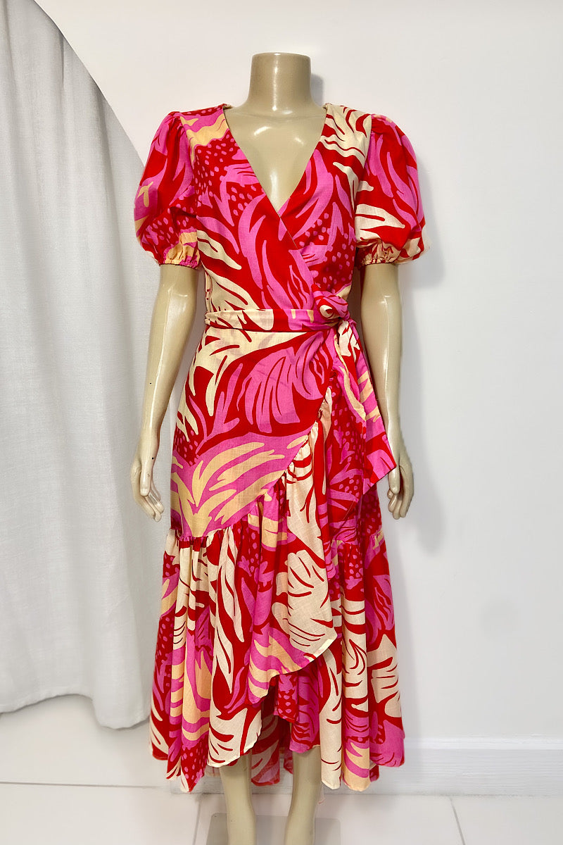 Tropical Tie-Waist Flounce Dress