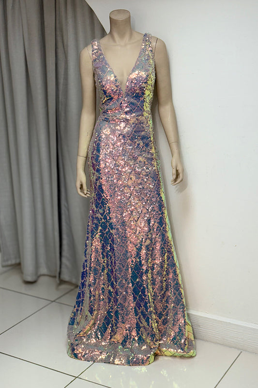 Diamond Patten Sleeveless V-Neck Sequin Formal