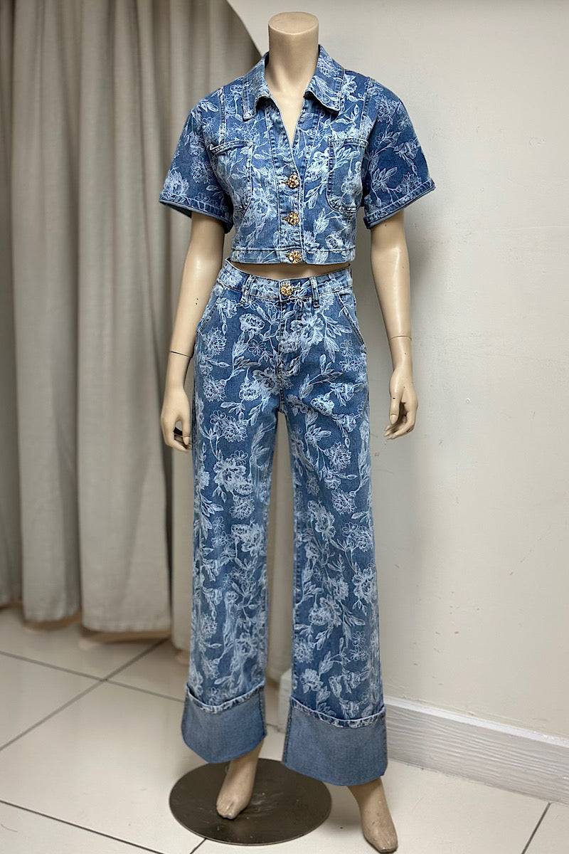 Floral Printed Denim Pant Set