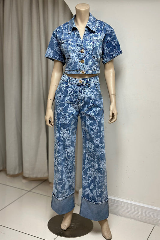 Floral Printed Denim Pant Set