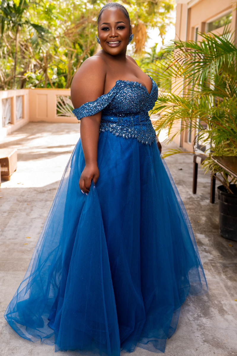Off-Shoulder Beaded Flare Formal Dress