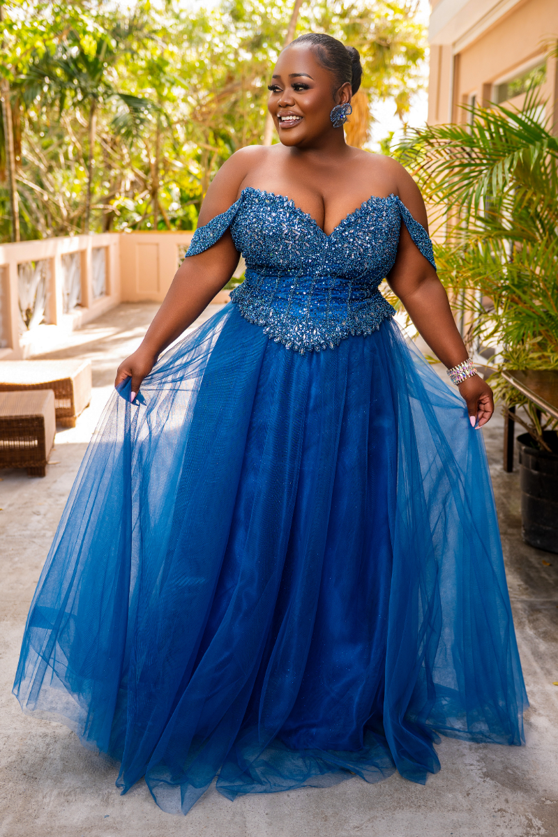 Off-Shoulder Beaded Flare Formal Dress