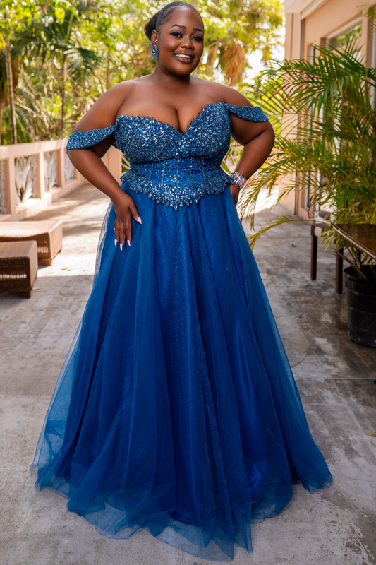 Off-Shoulder Beaded Flare Formal Dress