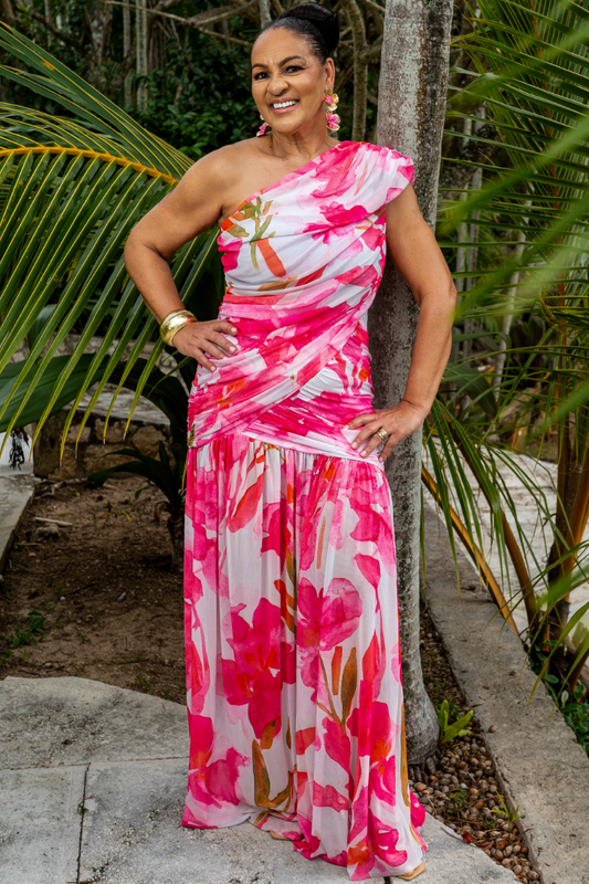 Floral One-Shoulder Ruched Maxi Dress