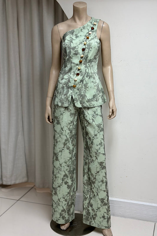 One-Shoulder Stone Button Pant Set