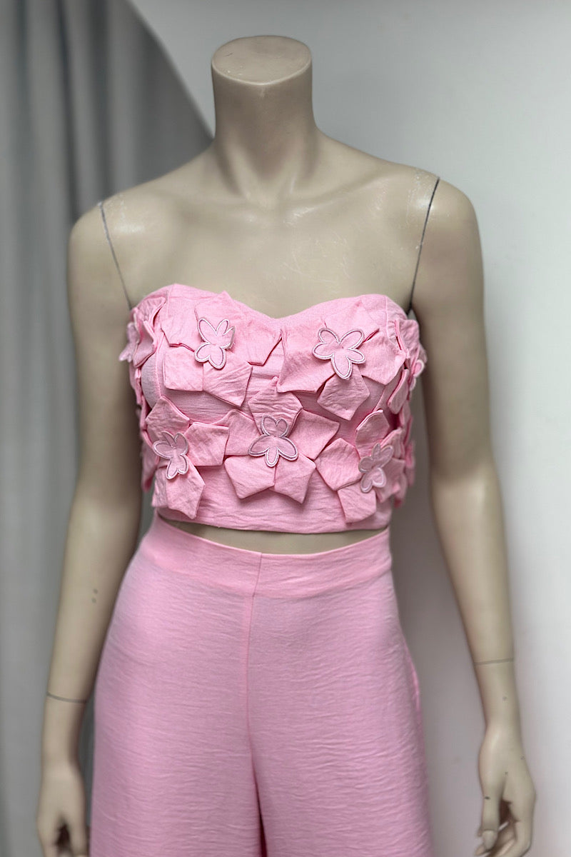 Strapless Crop Flower Detail Pant Set