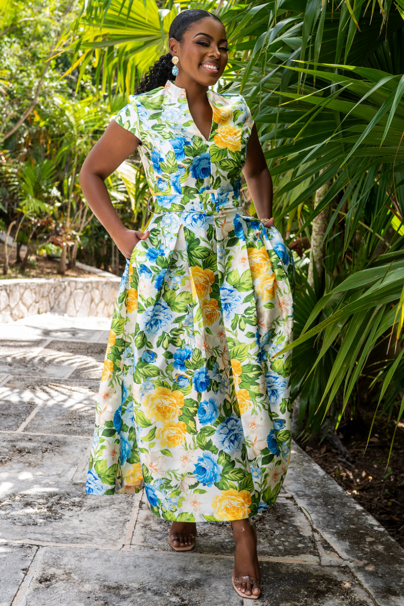 Floral Belted Cap Sleeve Midi Dress
