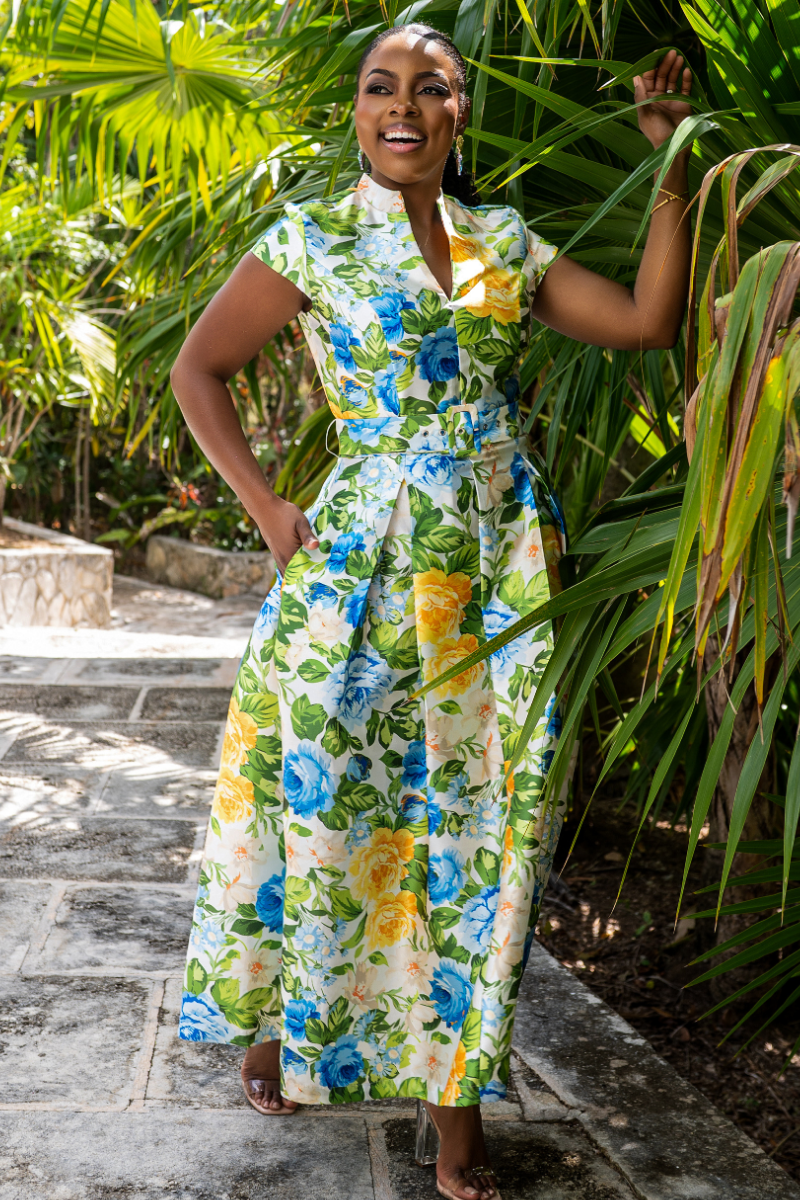 Floral Belted Cap Sleeve Midi Dress