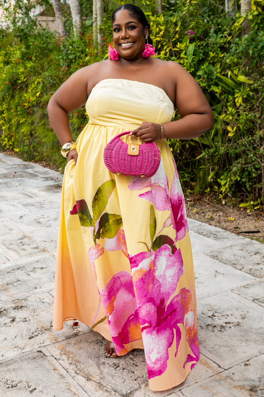 Strapless Smock Back Floral Maxi Dress