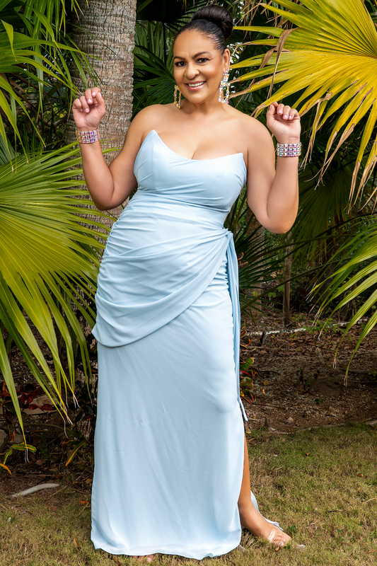 Strapless Ruched Side Cape Formal