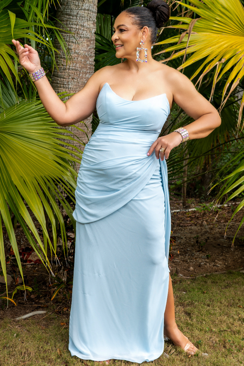 Strapless Ruched Side Cape Formal