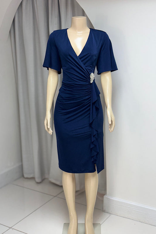 Curvy Ruched Dress w/ Silver Brooch