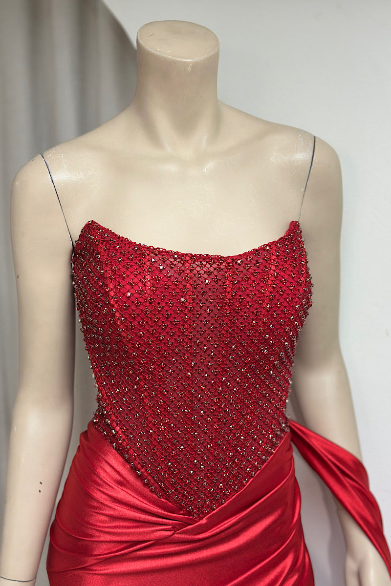 Strapless Embellished Netted Formal