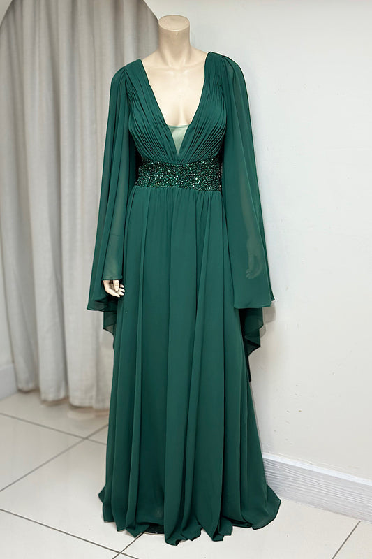 Beaded Waist Cape Sleeve Flowy Formal
