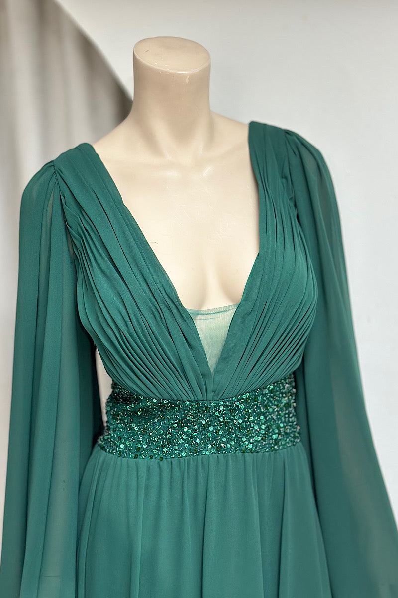 Beaded Waist Cape Sleeve Flowy Formal