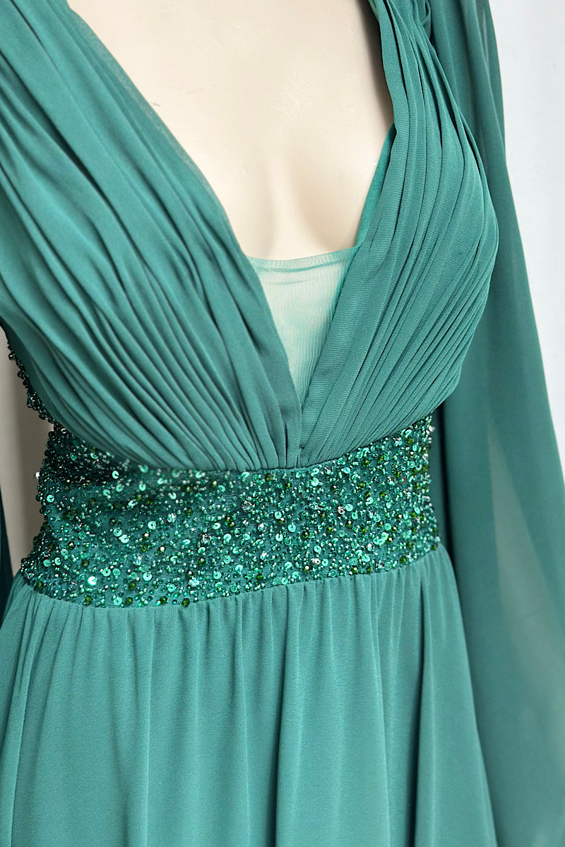 Beaded Waist Cape Sleeve Flowy Formal