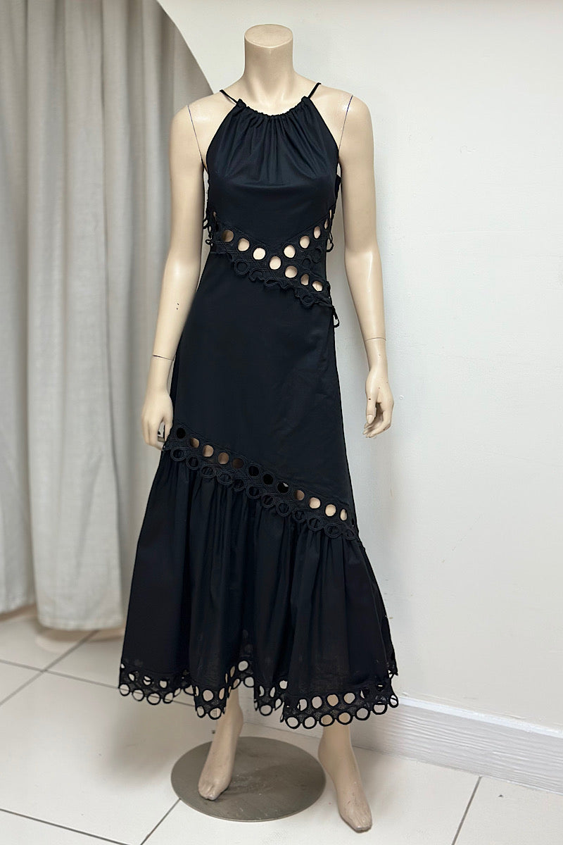 Lace Eyelet Detail Halter Midi Dress
