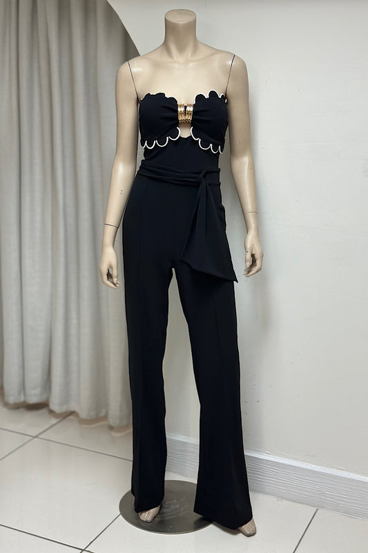 Scallop Edge Gold Detail Strapless Jumpsuit