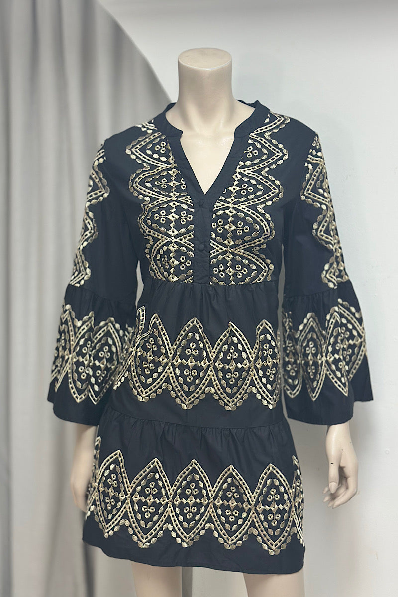 Embroidered Long Sleeve Flowy Mini Dress
