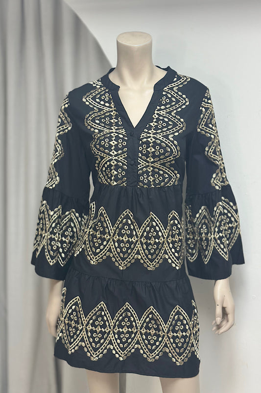 Embroidered Long Sleeve Flowy Mini Dress